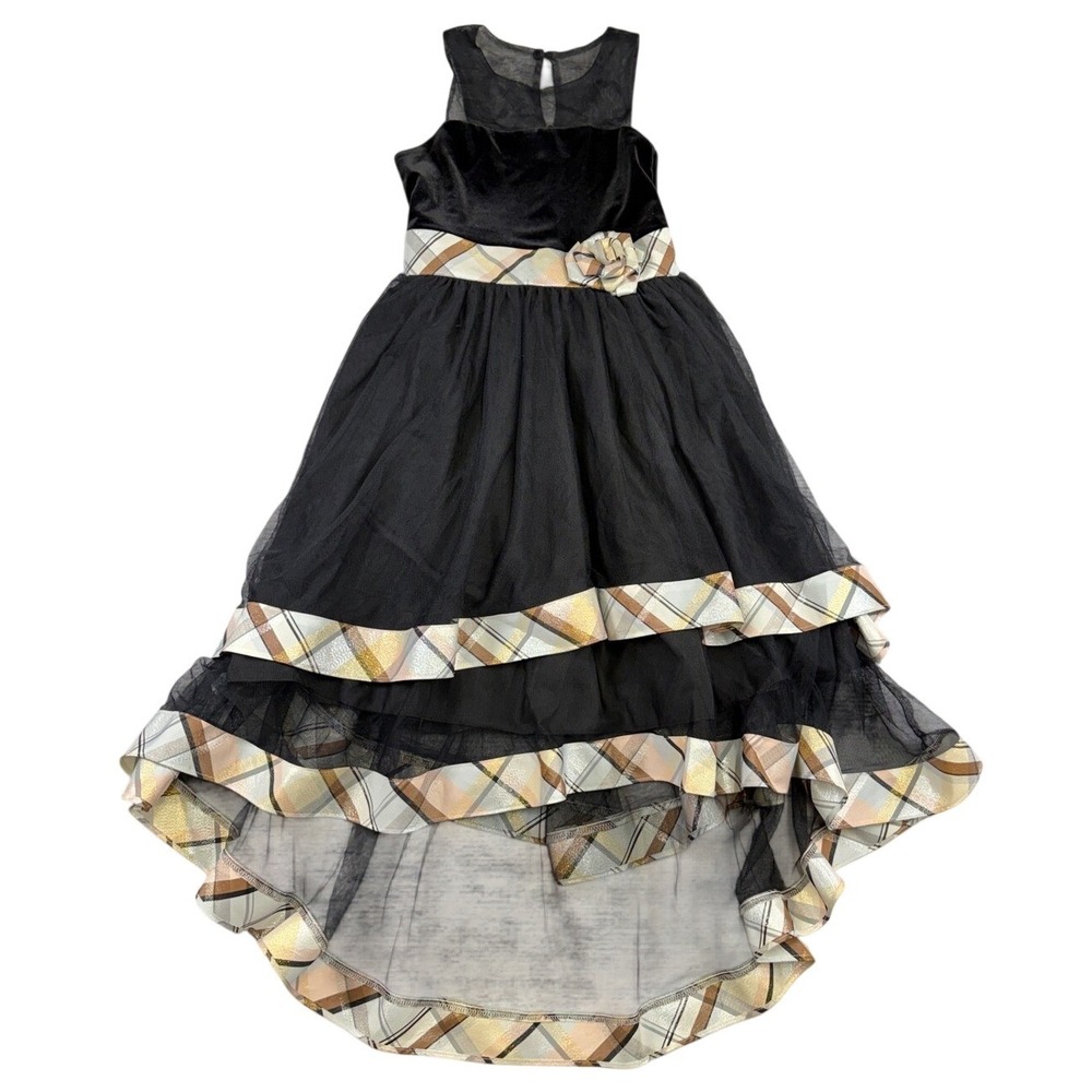 Bonnie Jean Girls Black Velvet Tulle High Low Plaid Trim Dress Size 10 Holiday